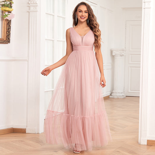 Women Elegant Double V neck Sleeveless Tulle Full Lining Evening Dress A line Puffy Tulle Wedding Bridesmaid Party